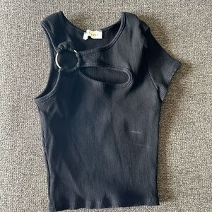 Elegant Black Ribbed Short Sleeve Top with Ring Detail